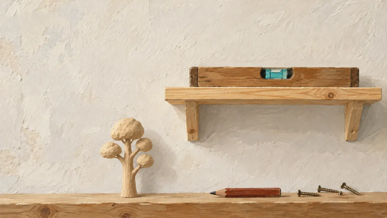 Gouache : un niveau à bulle à fiole teal posé sur une étagère en bois fixée à un mur clair ; en dessous, sur une planche, un petit arbre sculpté en bois naturel, un crayon et trois vis.