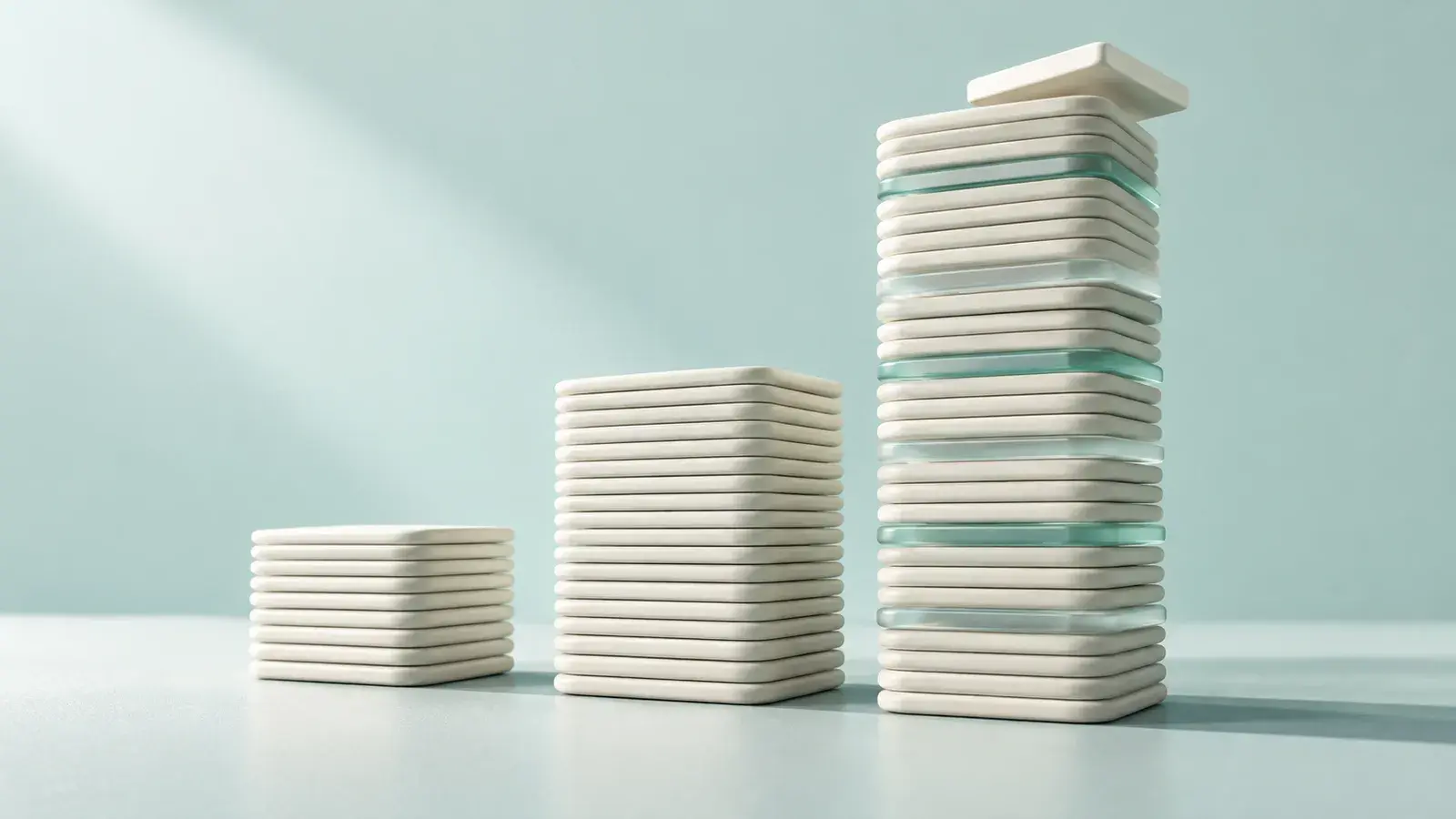 Drei immer höhere Säulen aus dünnen, elfenbeinfarbenen Porzellanplatten vor hellem Gletscherhintergrund. Die höchste ist mit türkis getönten Milchglasplatten durchsetzt.