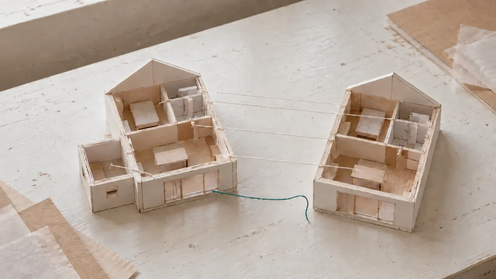 Deux maquettes de la même maison reliées pièce par pièce par des fils ; à l’une manque une annexe, et un fil teal reste libre.
