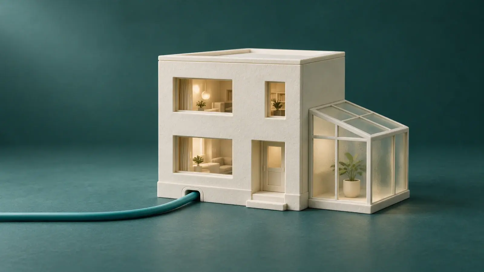 Una casa in miniatura in porcellana avorio, collegata al suolo da una condotta verde acqua, con una piccola serra in vetro satinato aggiunta sul lato, su sfondo verde acqua scuro.