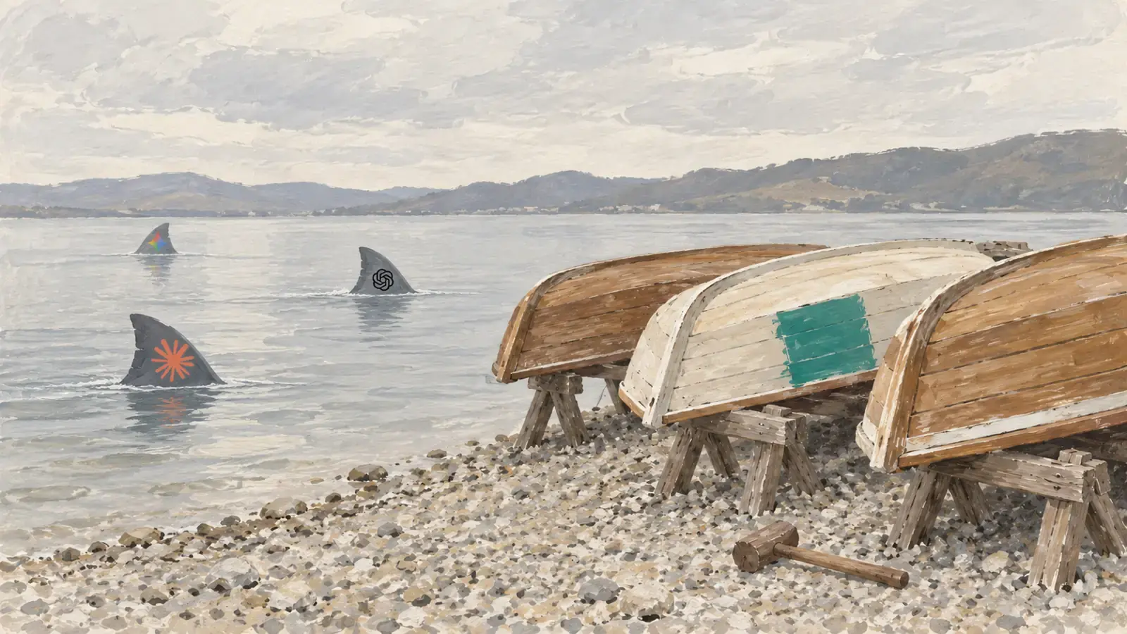 Peinture à la gouache : trois barques retournées sur des tréteaux au bord d'un lac, l'une avec une pièce de réparation teal ; dans l'eau, trois ailerons de requin portent les logos de Claude, OpenAI et Gemini.