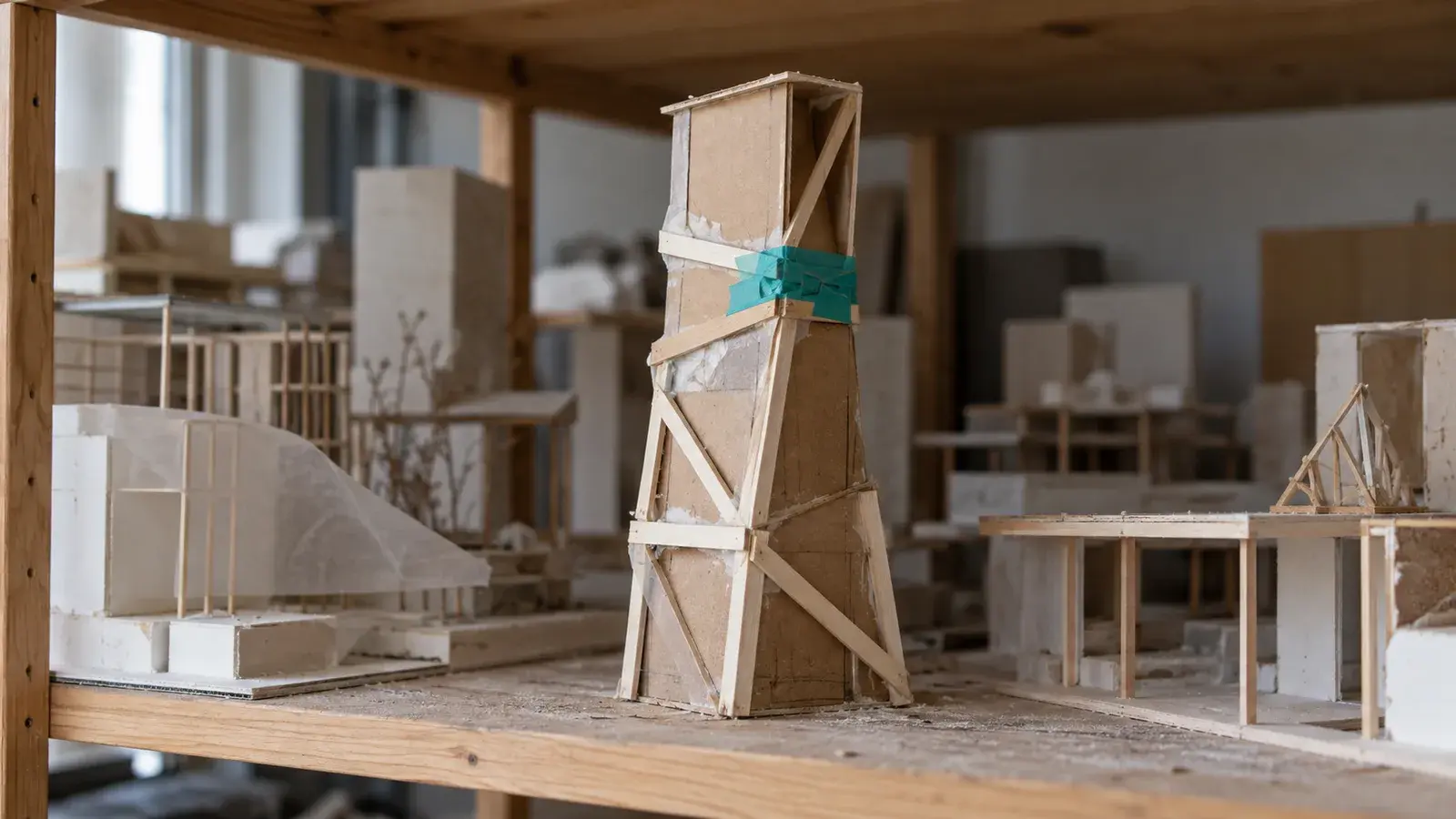 Une tour en carton kraft qui penchait, renforcée par des baguettes de balsa et un ruban teal, sur une étagère de maquettes.