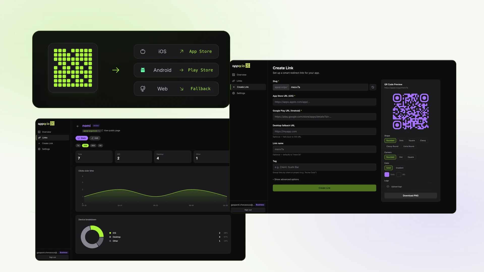 AppQR preview with smart redirect, analytics, and QR code creation