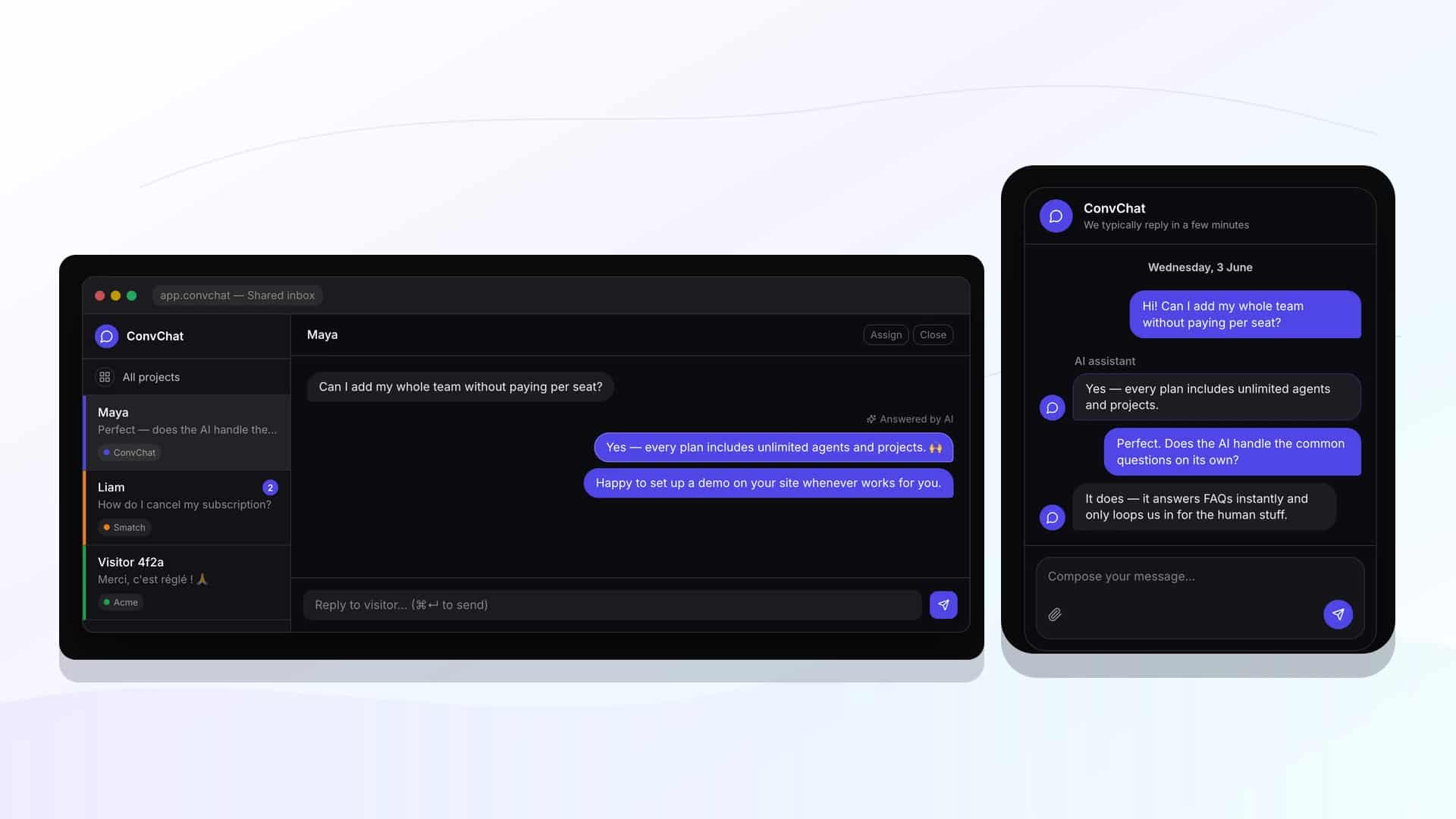 ConvChat mobile preview with conversational support interface