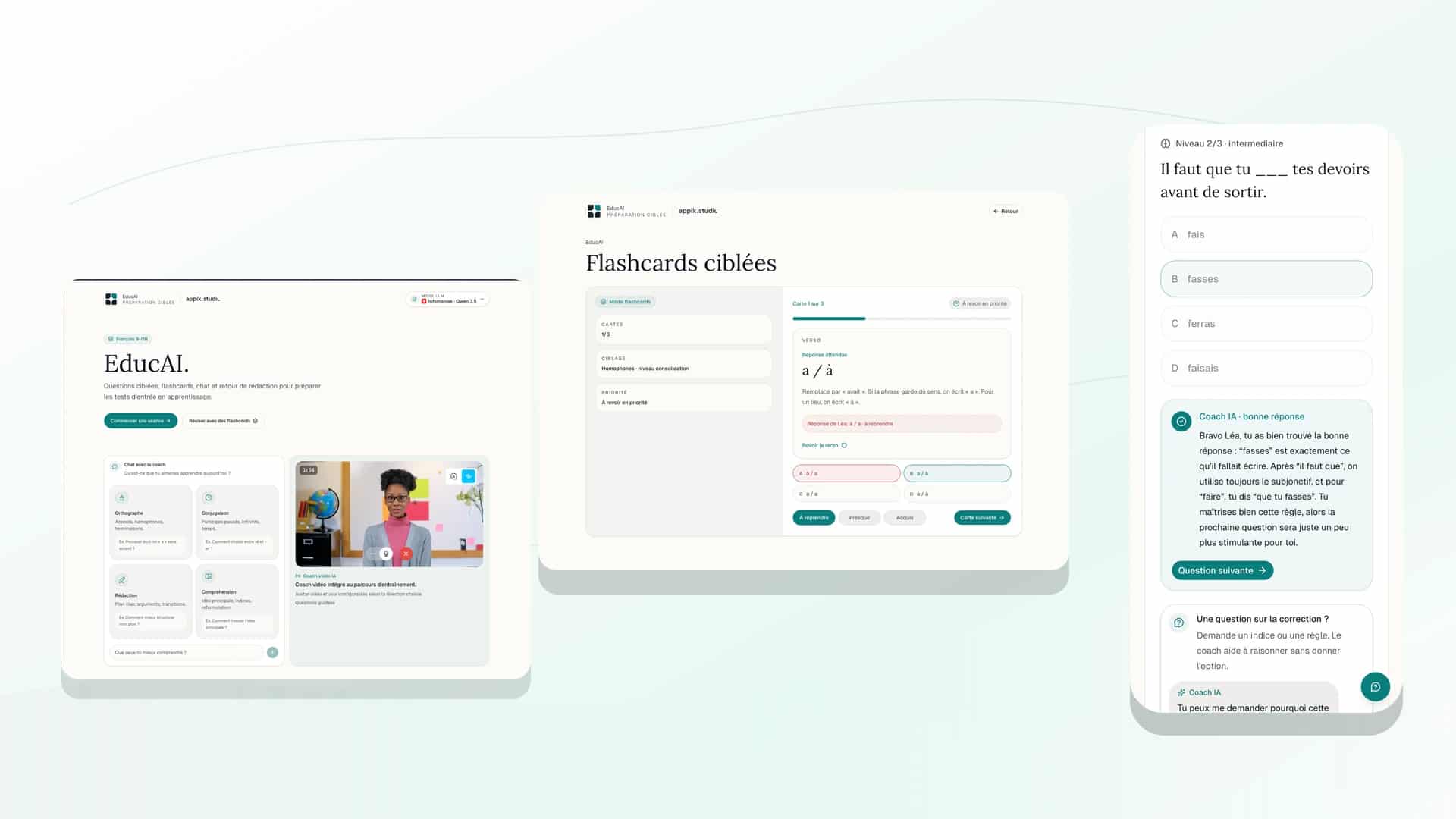 EducAI preview with video coach, targeted flashcards, and mobile learning flow