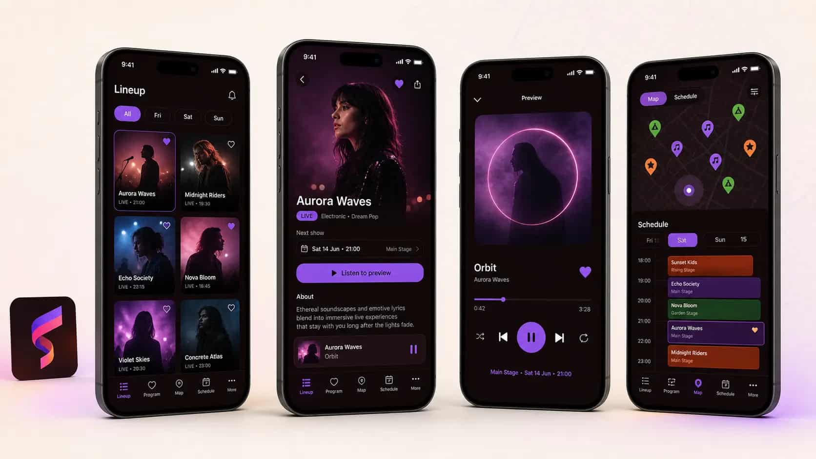 FestivalApps mobile preview with schedule, lineup, and map screens