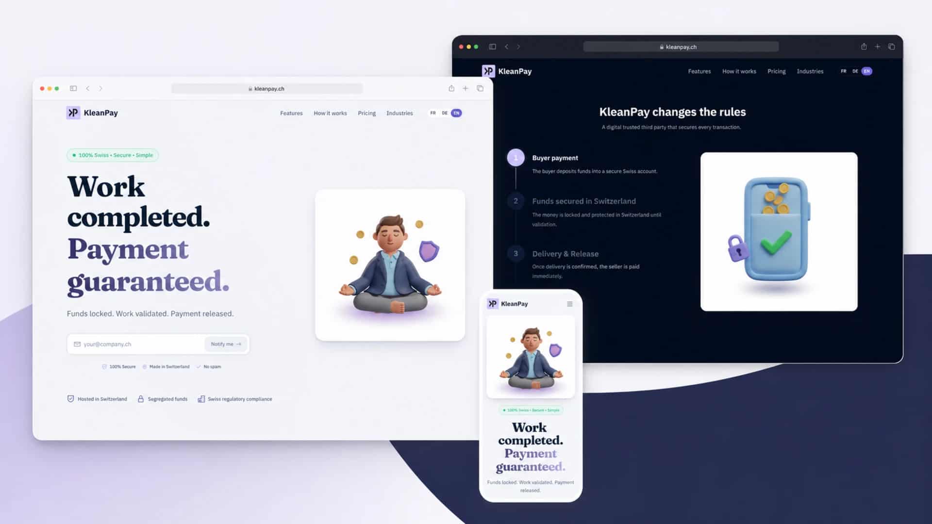 KleanPay preview with product hero, escrow flow, and mobile version