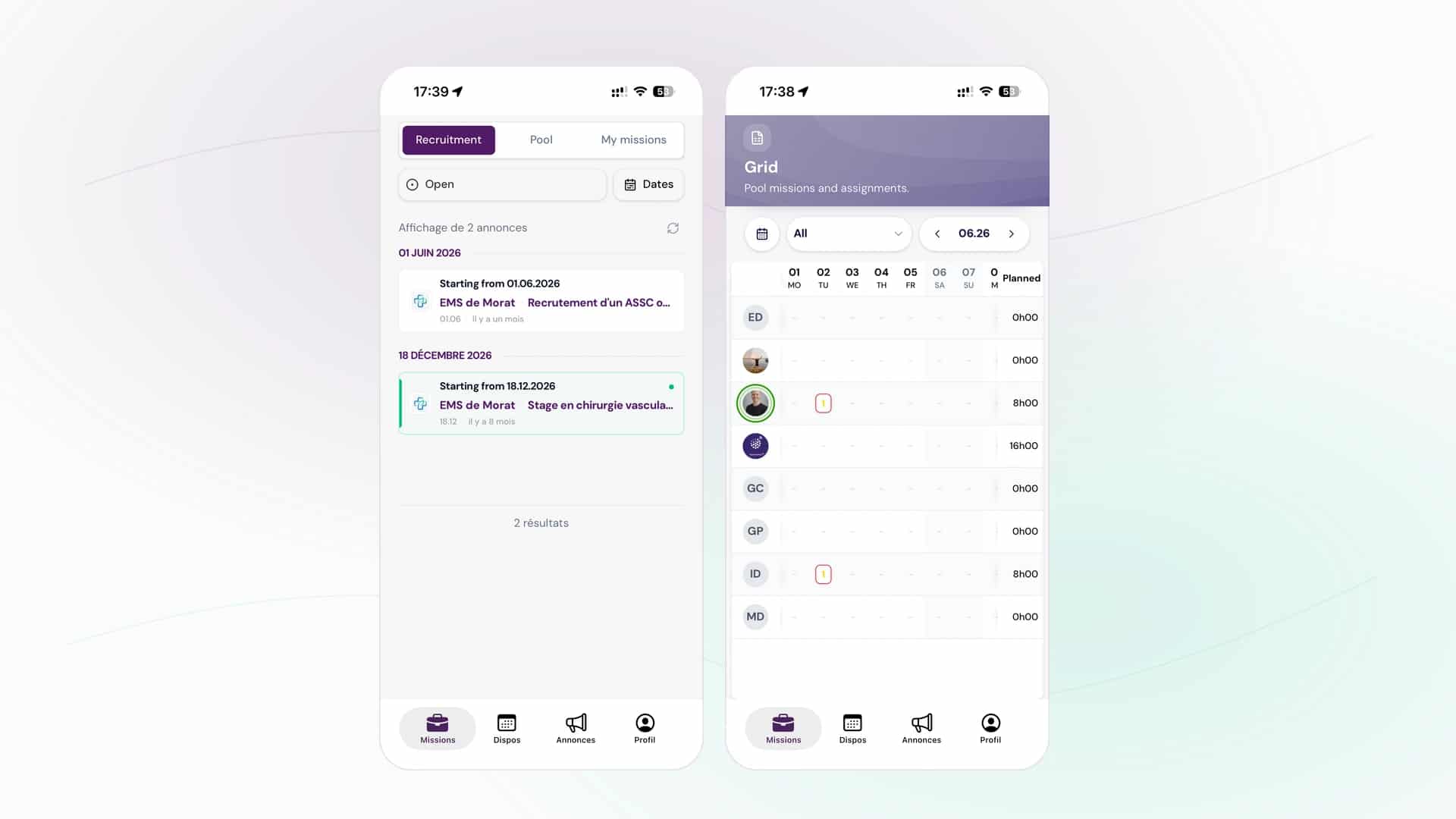 Le Pool mobile preview with recruitment missions and planning