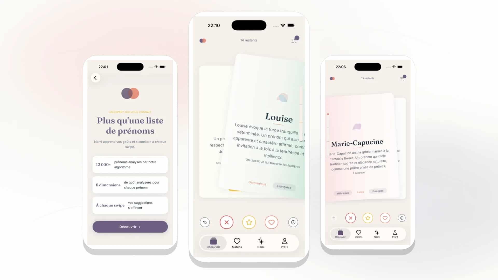 Nomi Baby mobile preview with three baby name recommendation screens