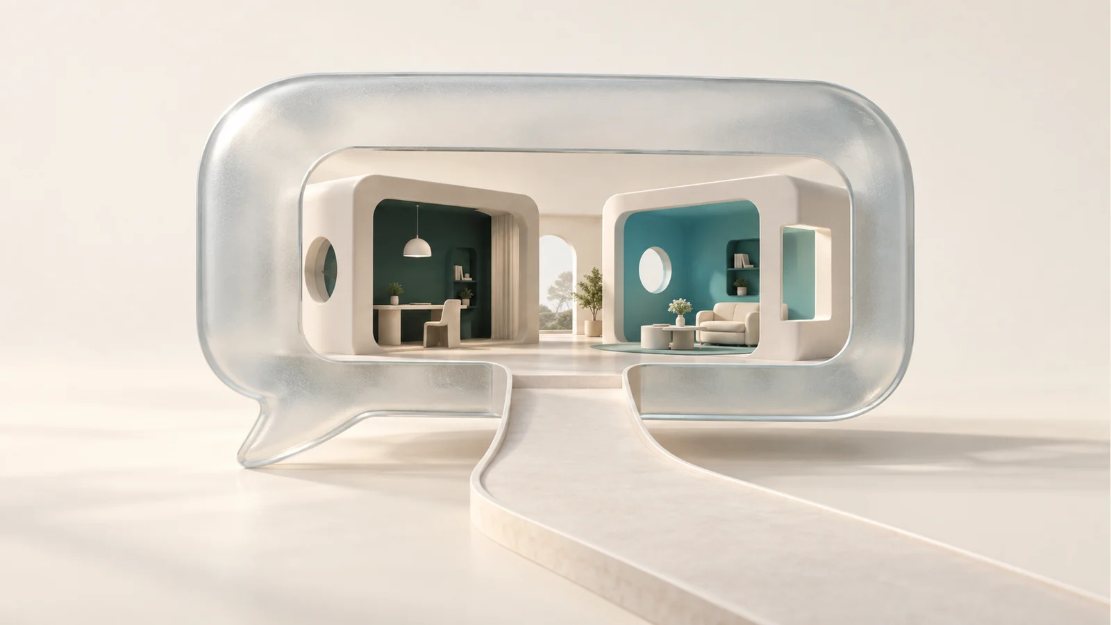 Une bulle de conversation en verre dépoli abrite deux pièces en porcelaine, un bureau teal foncé et un salon teal glacier, reliés par une allée ivoire.
