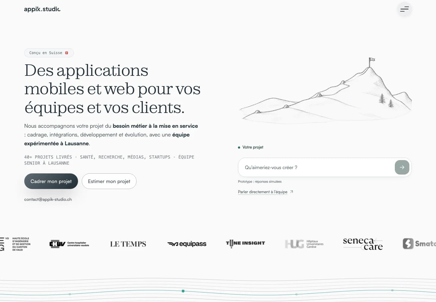 Capture réelle du prototype Astro de l'accueil français Appik avec une montagne dessinée au crayon et une saisie intégrée.