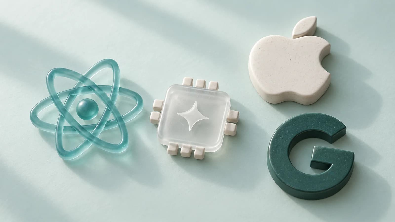 Porcelain Apple and Google symbols, a teal glass React symbol and a frosted-glass AI chip on a pale glacier teal surface.