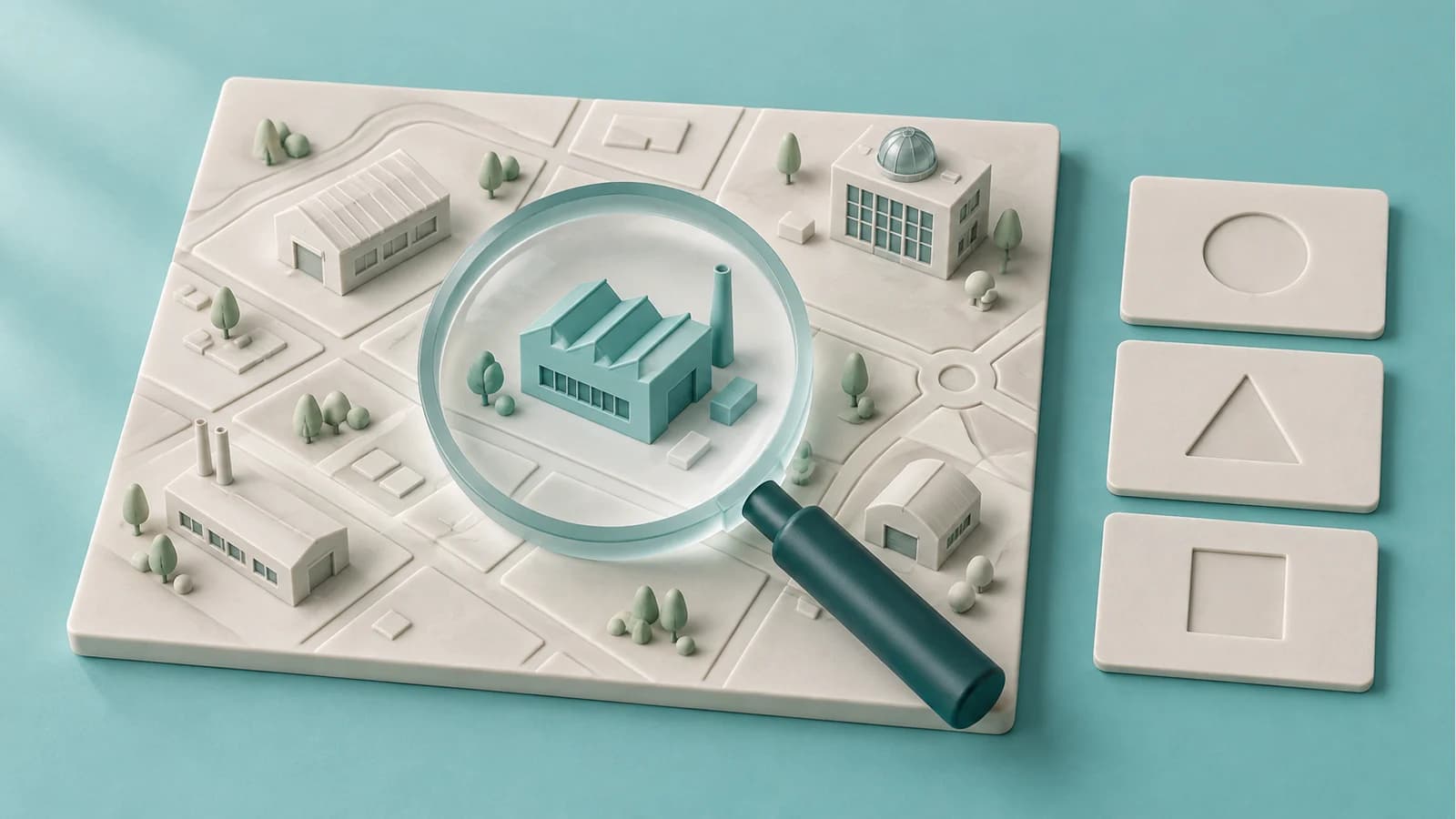 Ein elfenbeinfarbener industrieller Miniaturatlas unter einer Milchglaslupe, mit einer türkisfarbenen Werkstatt und Registerplättchen auf helltürkisem Hintergrund.