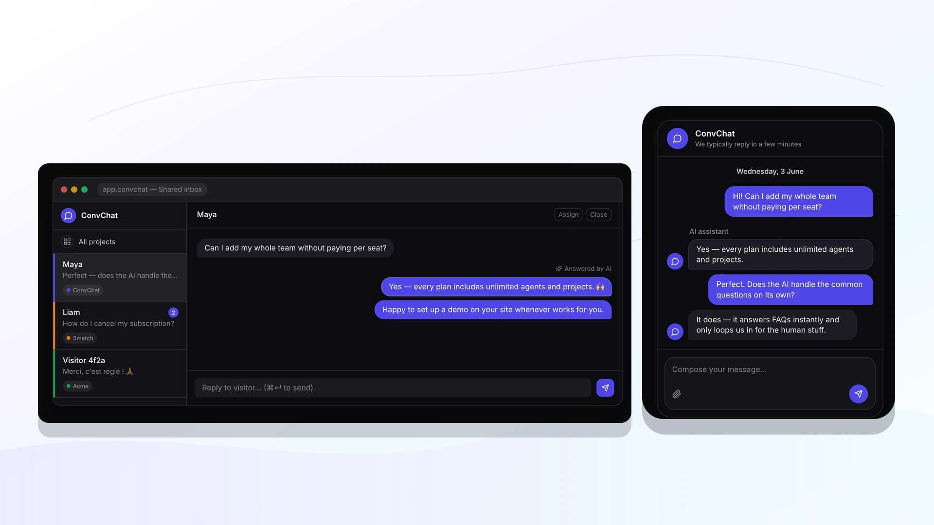 Aperçu mobile ConvChat avec interface de support conversationnel