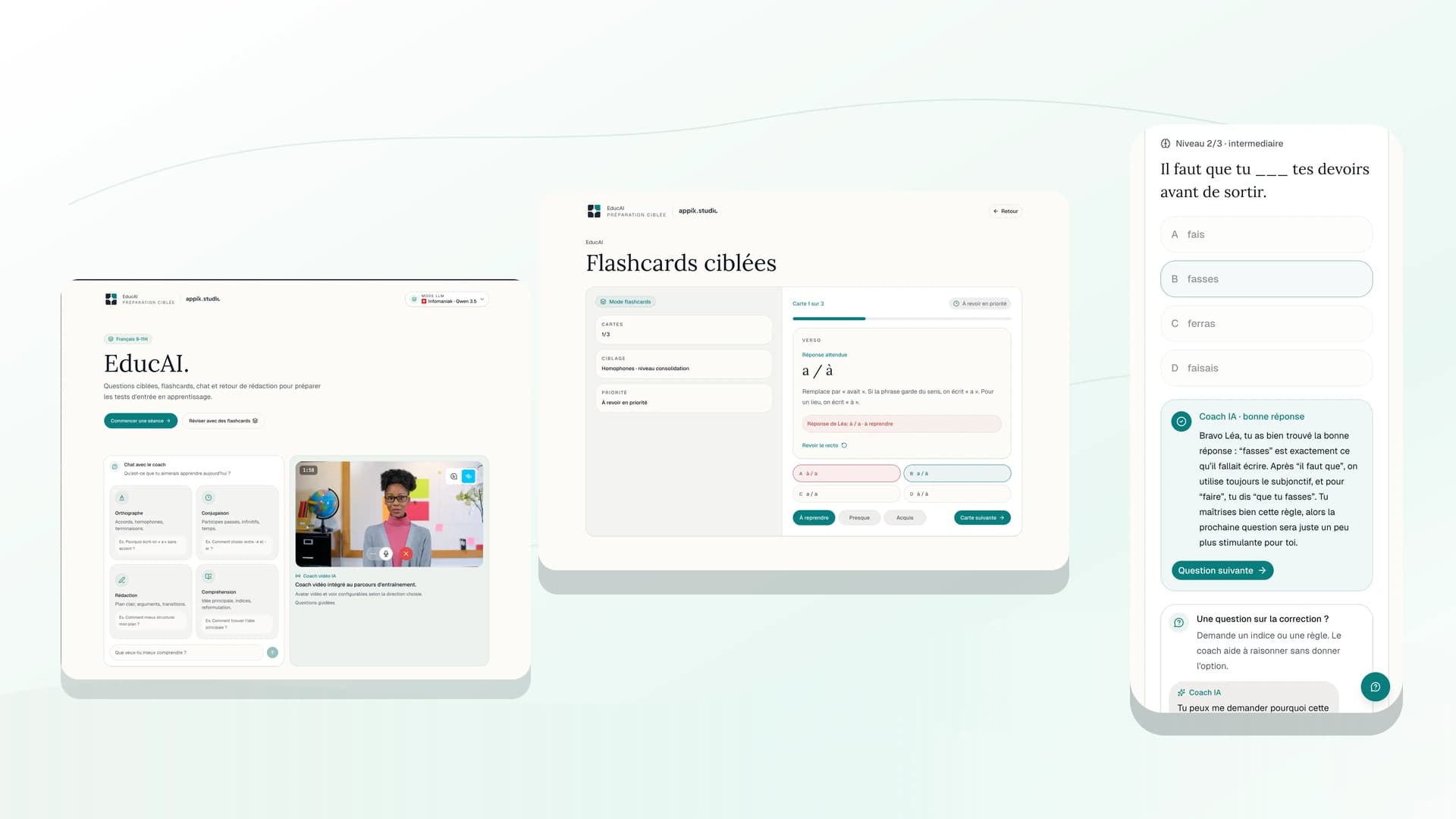 Aperçu EducAI avec coach vidéo, flashcards ciblées et parcours mobile
