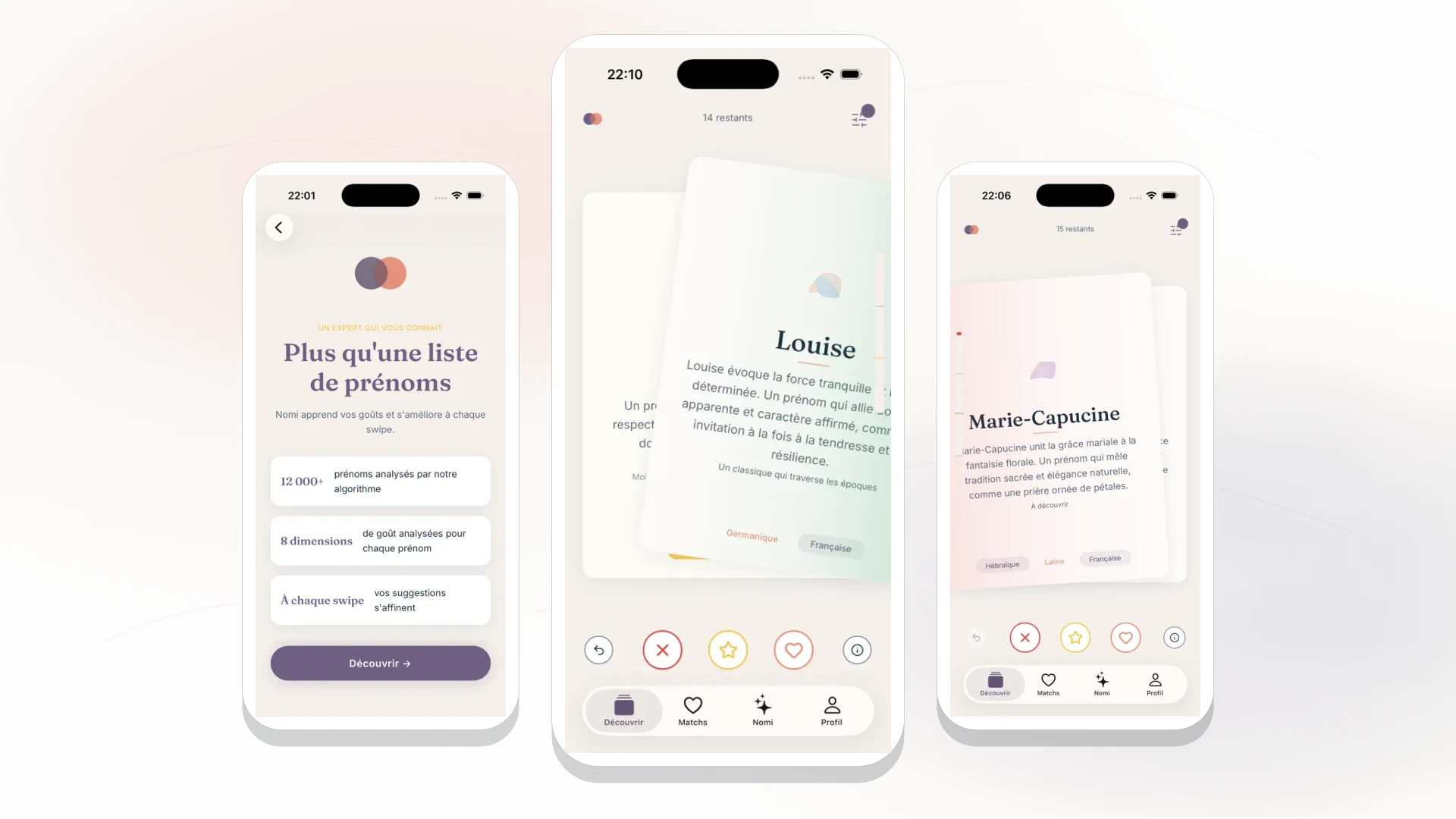 Aperçu mobile Nomi Baby avec trois écrans de recommandations de prénoms
