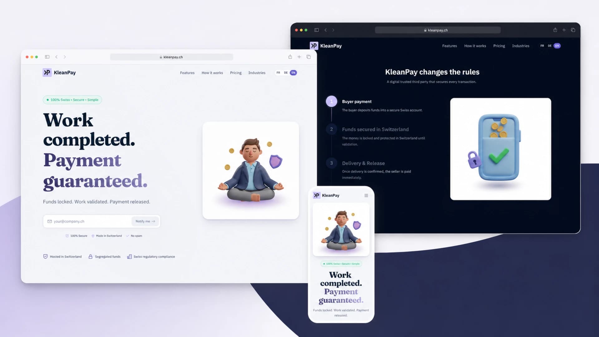 KleanPay: Produkt-Landingpage für einen digitalen Treuhänder, der Schweizer B2B-Zahlungen absichert