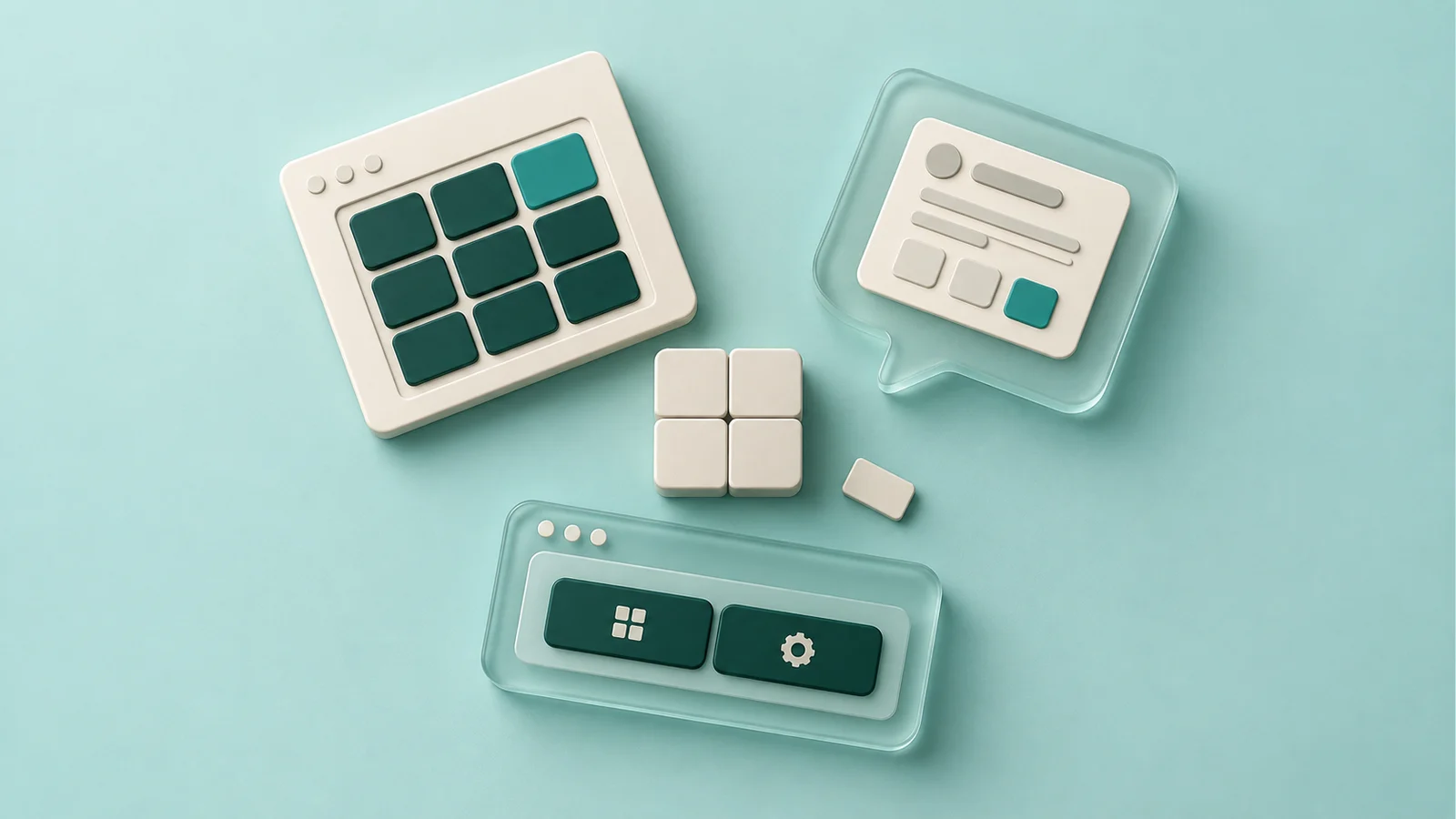 Overhead view of four ivory porcelain blocks between a grid panel, a frosted-glass bubble with a selection card and a glass panel with two keys, on a pale teal background.