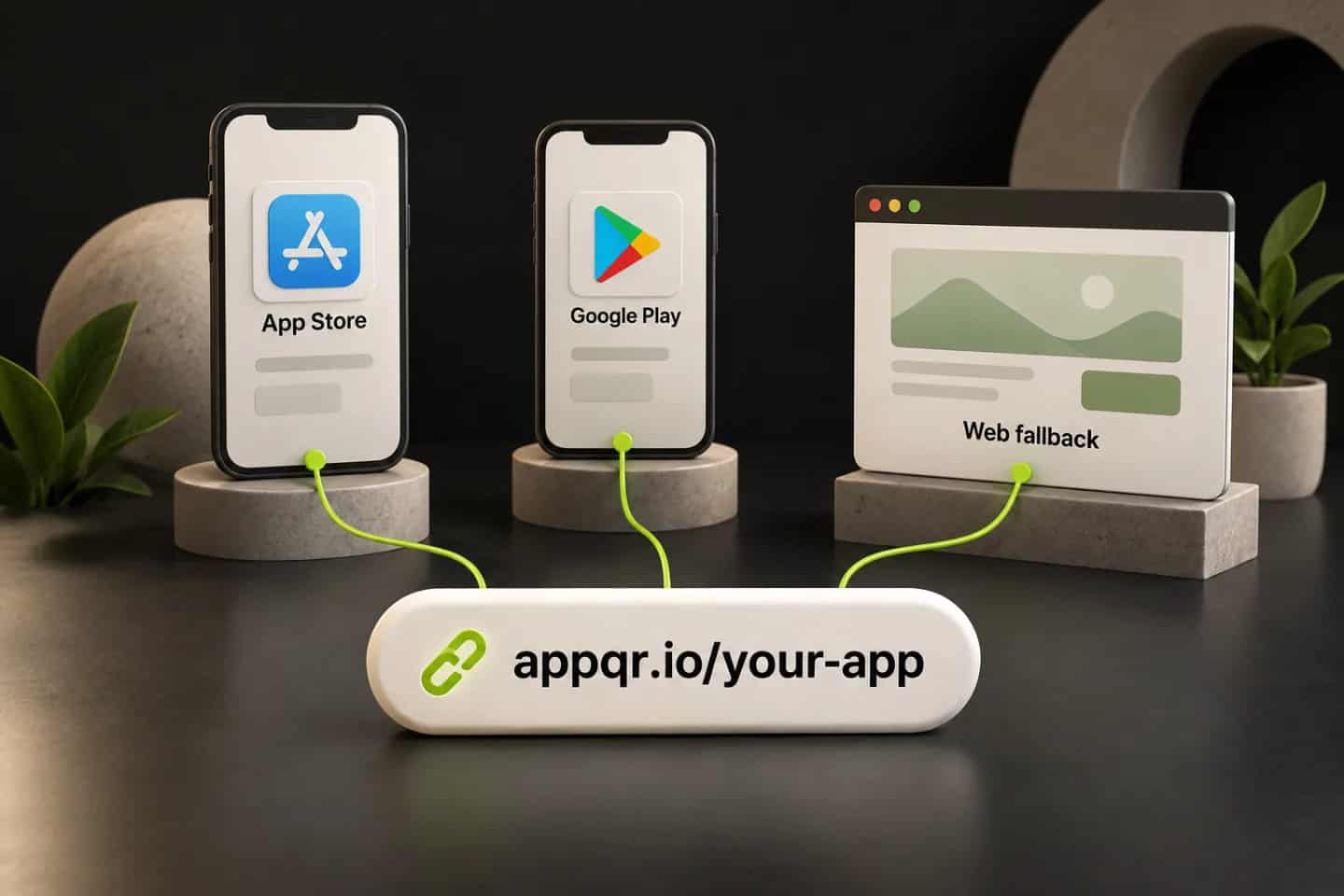 Ein appqr.io-Link führt eine App zum App Store, zu Google Play oder auf eine alternative Webseite