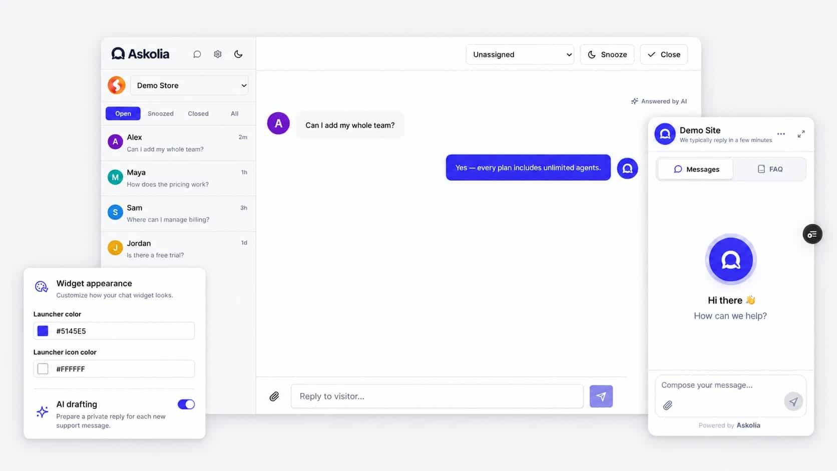 Askolia-Oberfläche mit gemeinsamem Posteingang, Chat-Widget und Darstellungseinstellungen