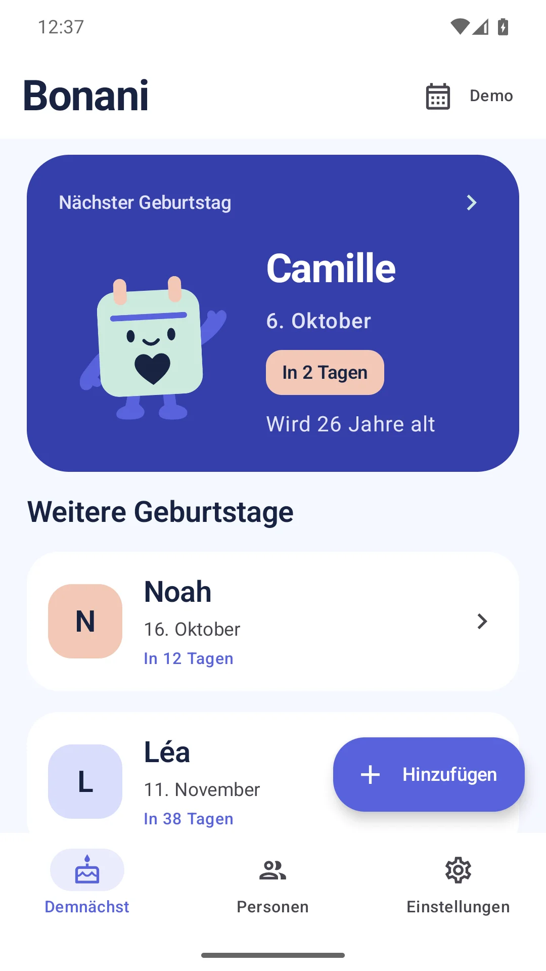 Android-Demoansicht von Bonani mit den nächsten Geburtstagen fiktiver Personen