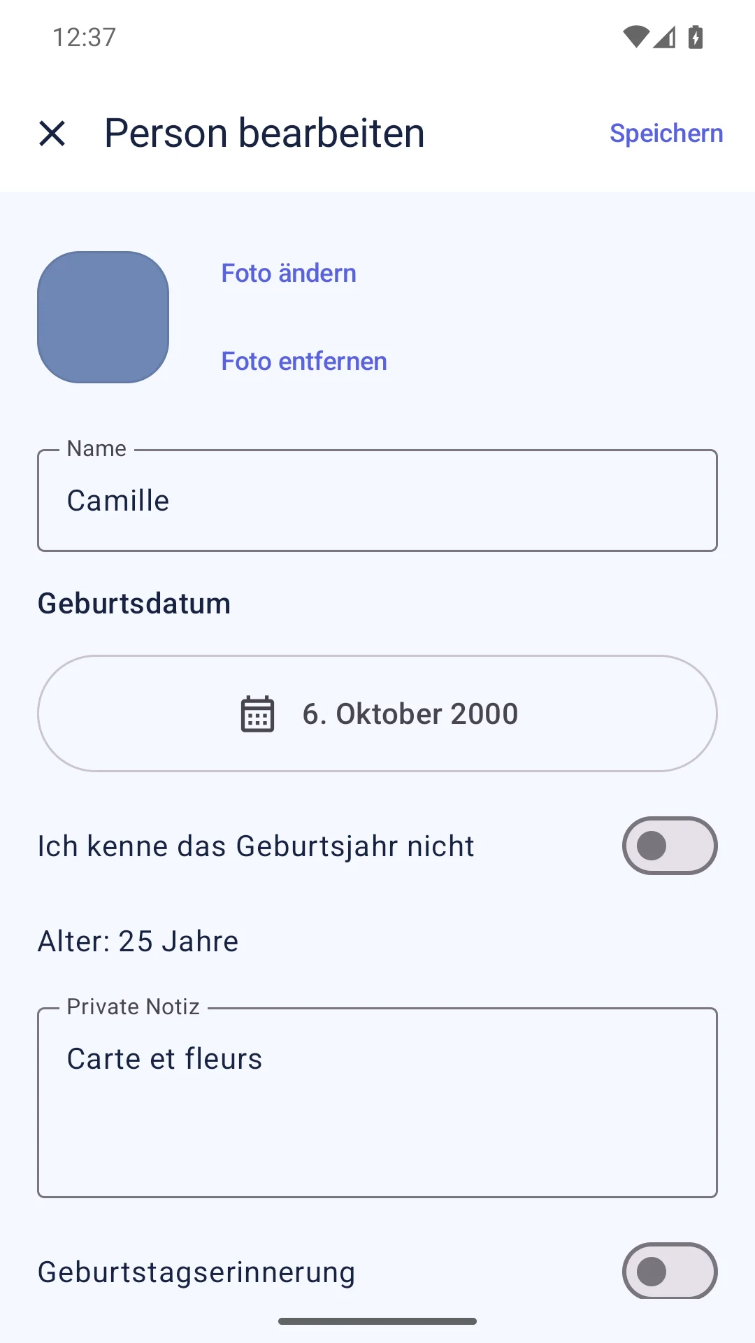 Android-Demoprofil von Bonani mit Geburtstag, Foto und privater Notiz