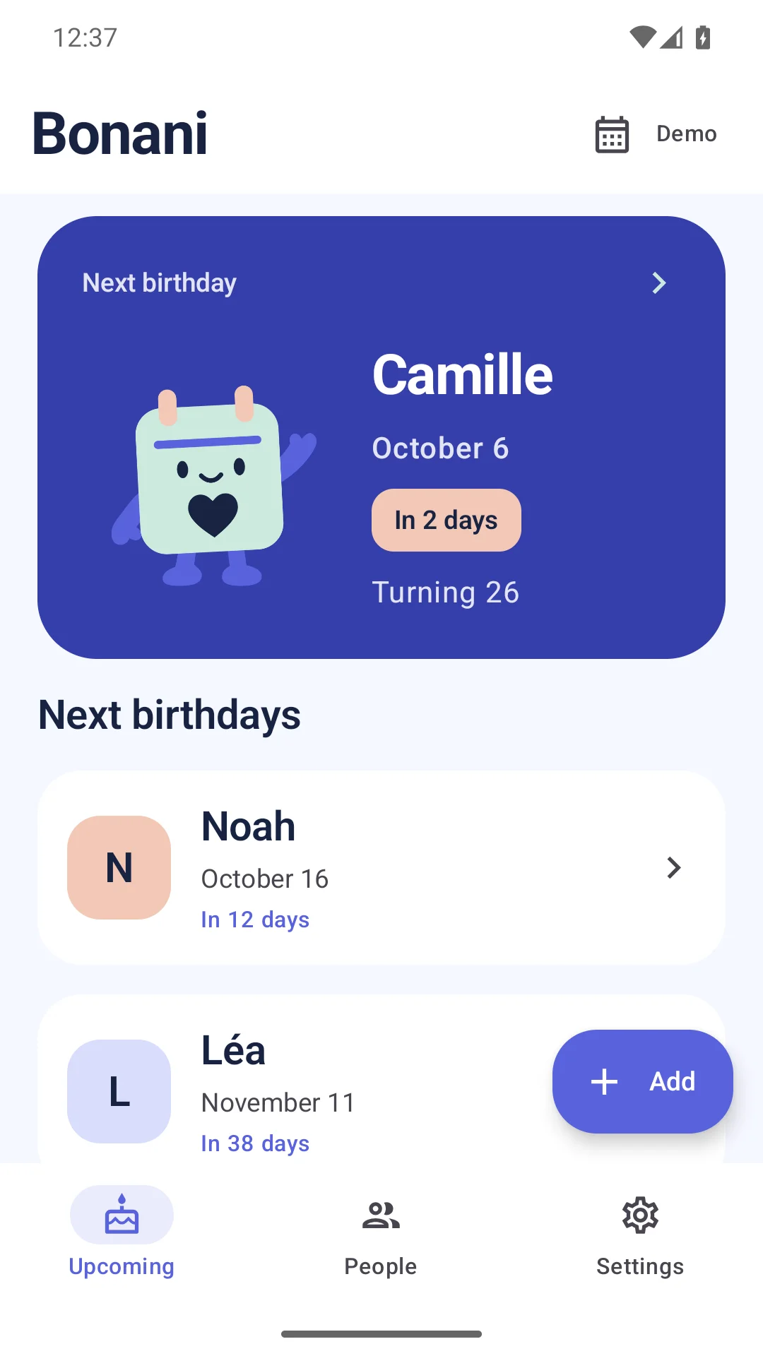 Schermata demo Android di Bonani in inglese con i prossimi compleanni di persone fittizie