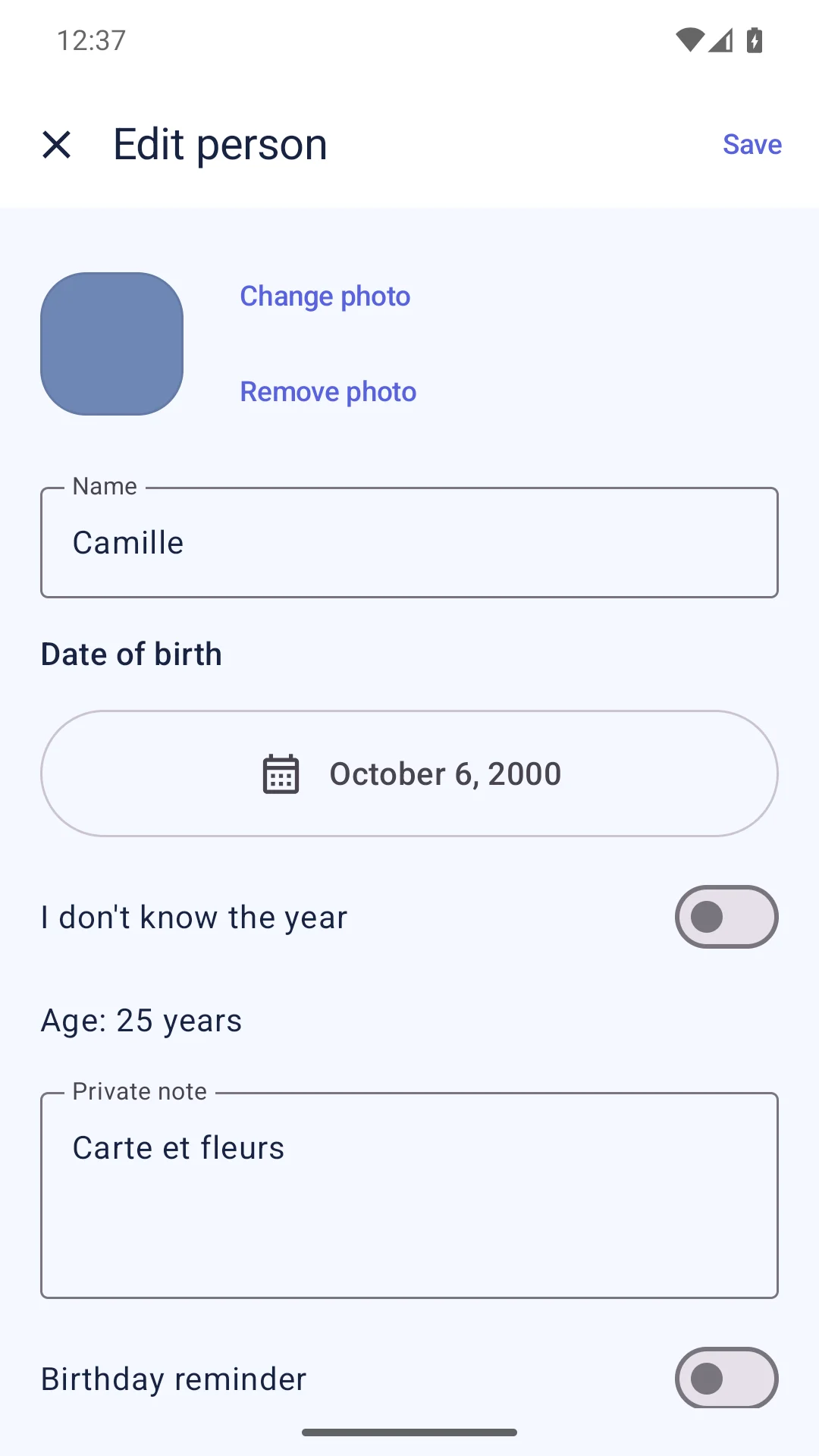Profilo demo Android di Bonani in inglese con compleanno, foto e nota privata