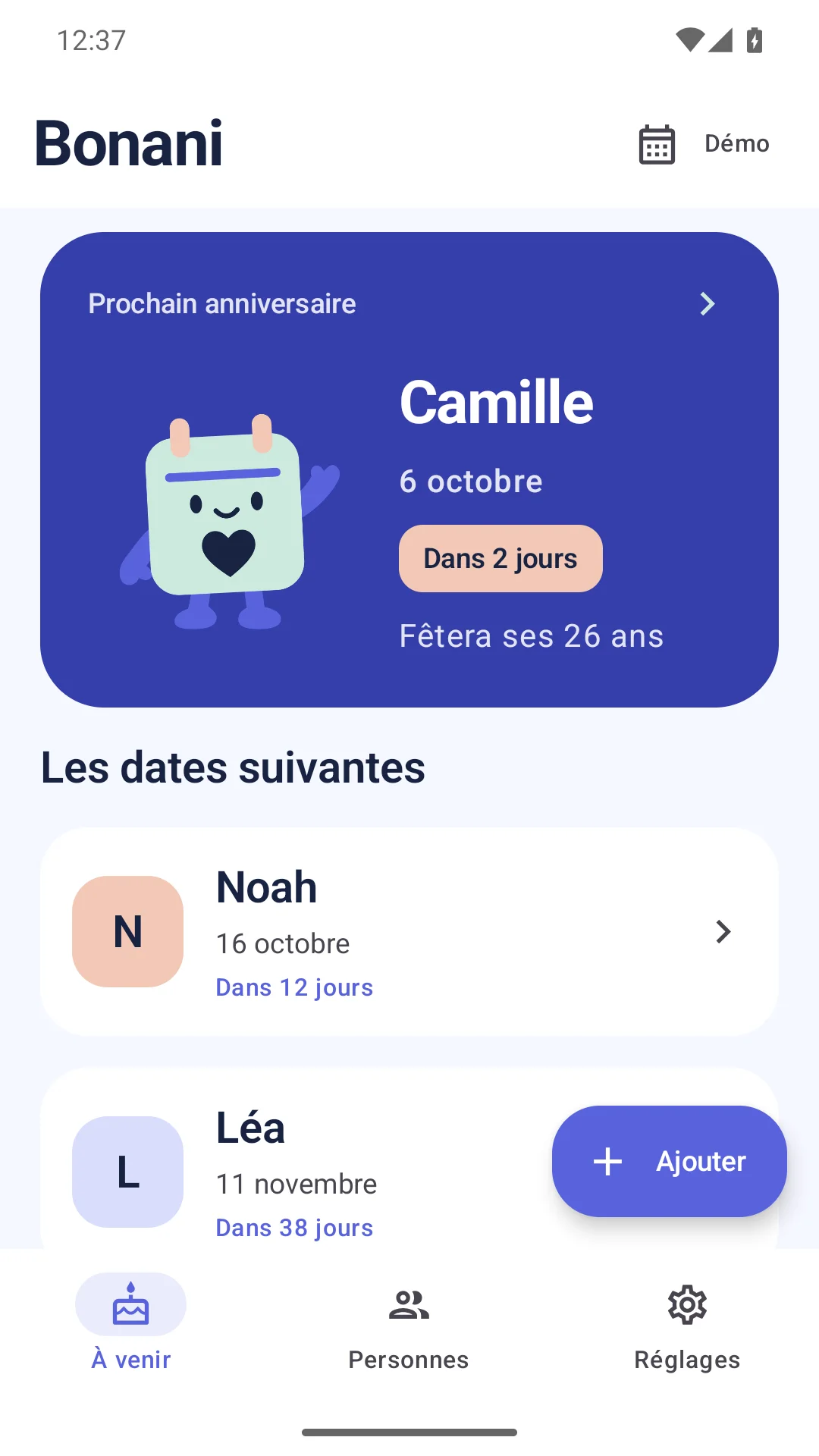 Écran Android de Bonani en mode démo avec les prochains anniversaires de personnes fictives