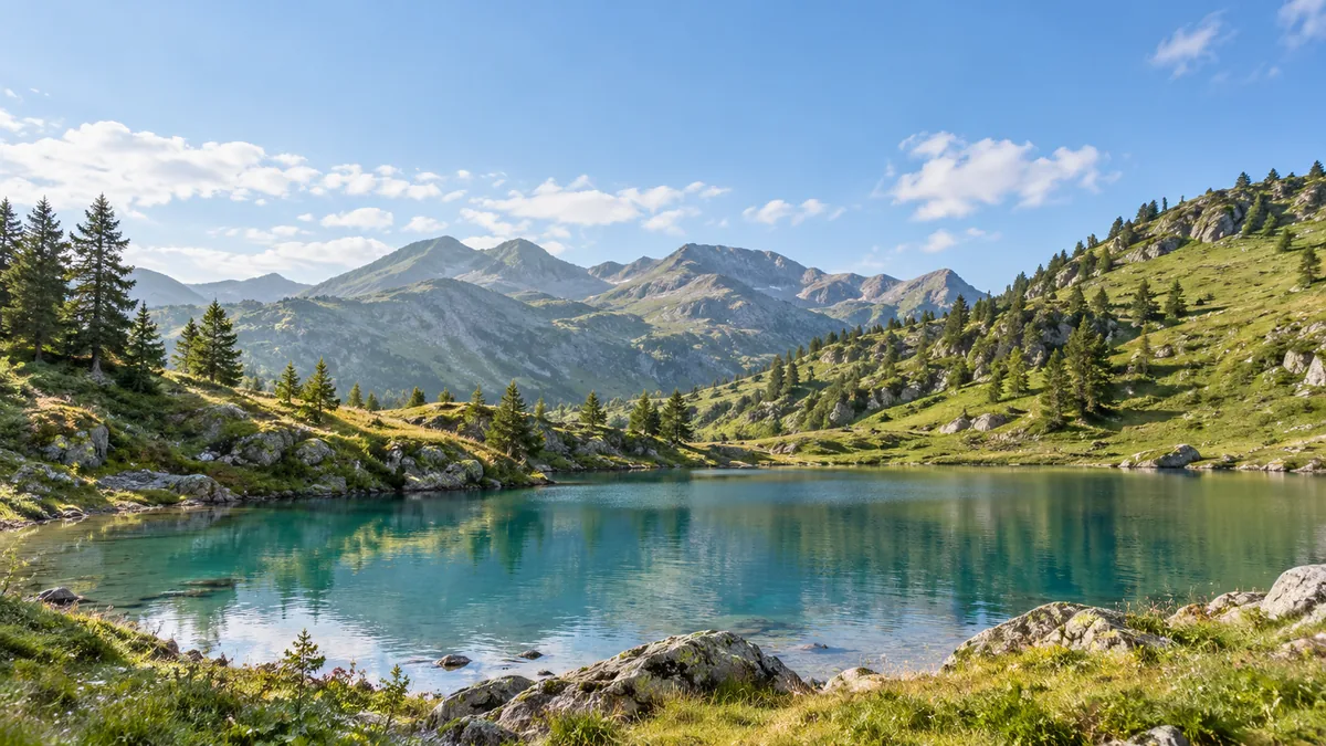 Illustration d'un lac alpin aux eaux turquoise, entouré de pentes herbeuses, de pins et de crêtes rocheuses sous un ciel clair.