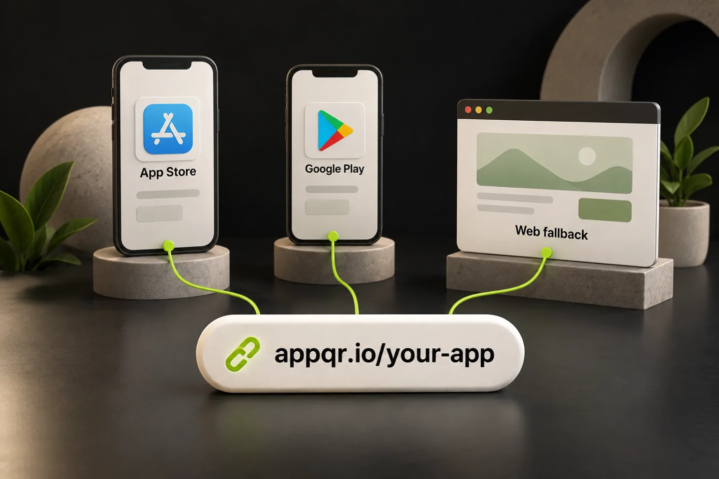Un lien appqr.io distribue une application vers l’App Store, Google Play ou une page web de secours