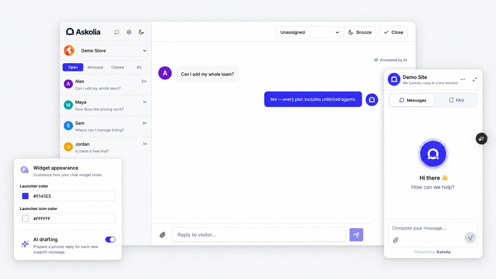 Interface Askolia avec boîte de réception partagée, widget de chat et personnalisation