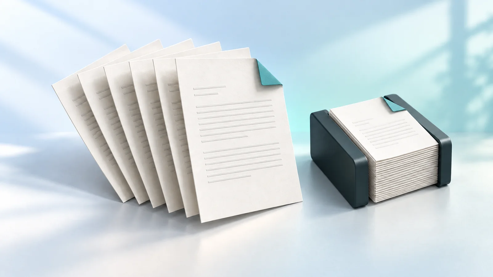 Documents déployés puis regroupés dans un format compact pour illustrer la compression PDF