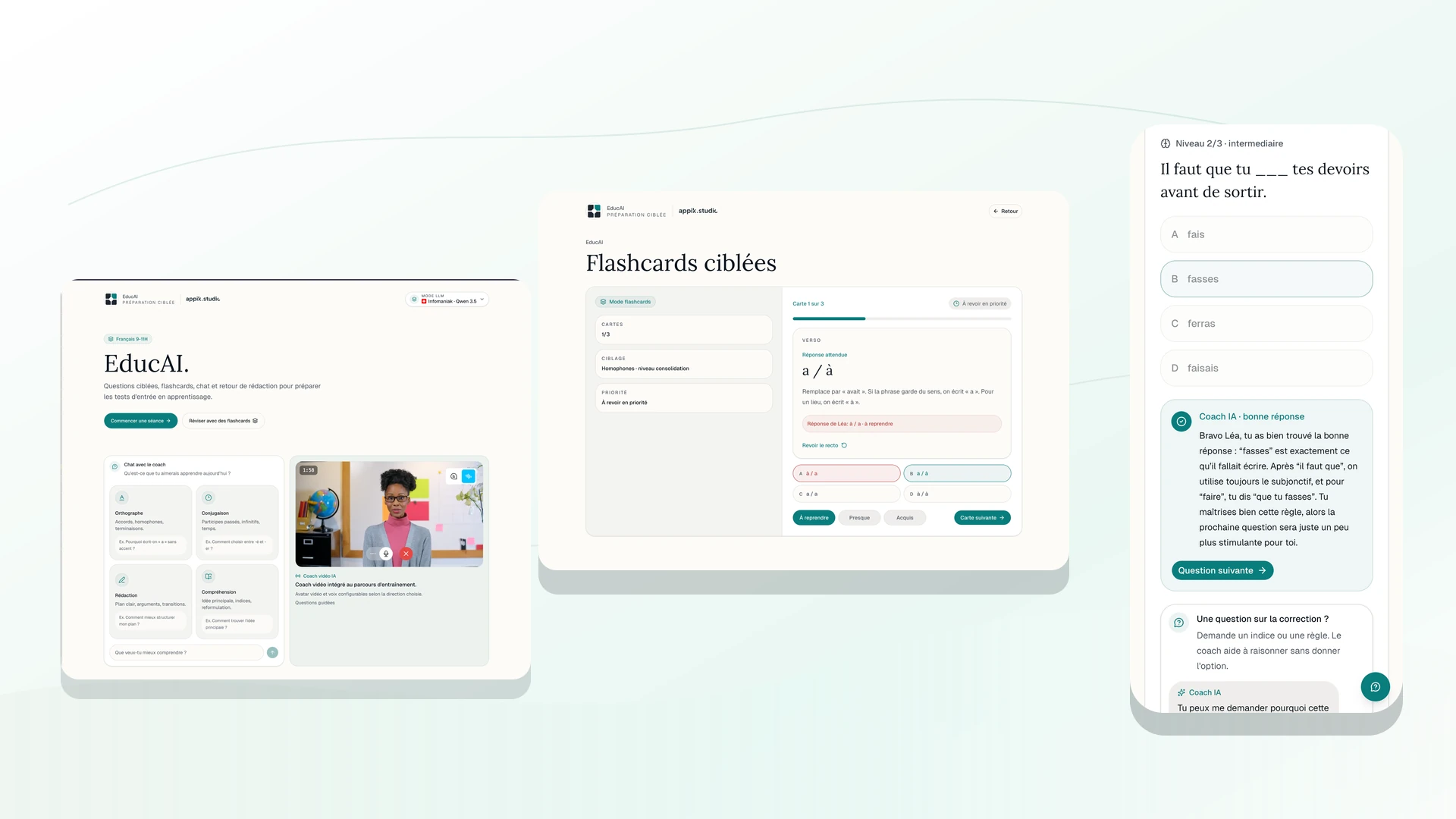 Aperçu EducAI avec coach vidéo, flashcards ciblées et parcours mobile