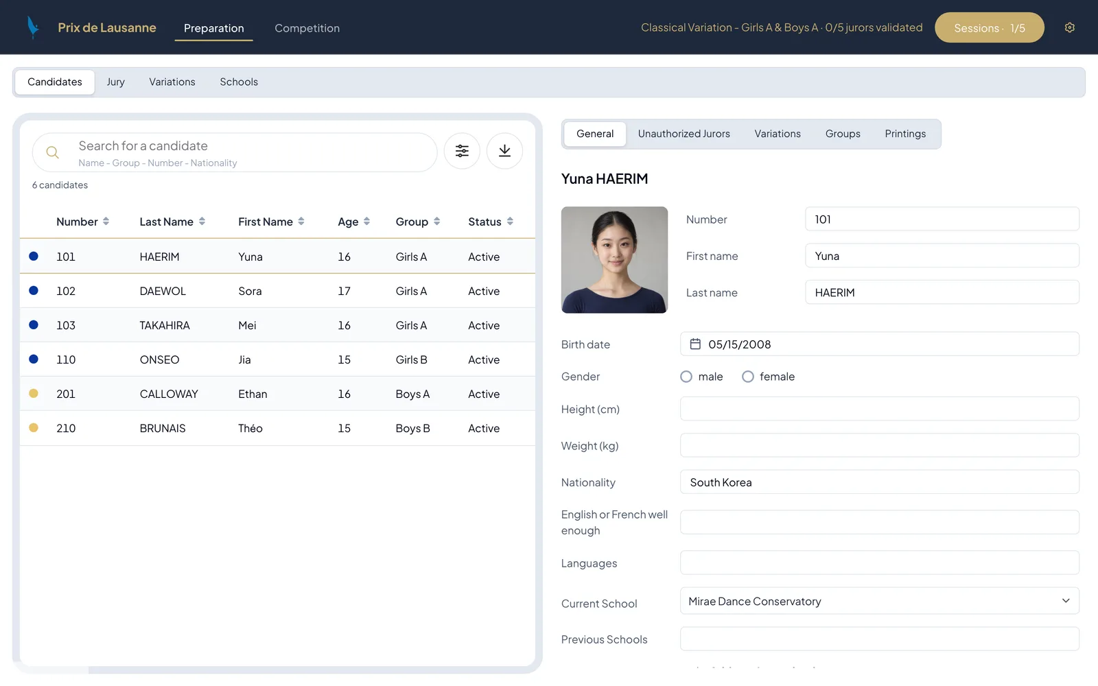 Candidate preparation in the administration: candidate list and detailed profile (fictitious data)