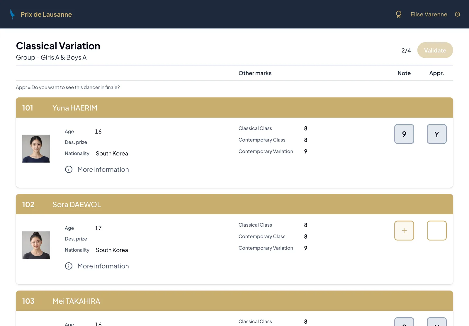 Jury interface on an iPad during a classical variation session, with a score and a finals approval (fictitious data)